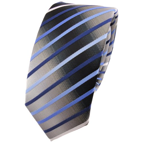 TigerTie Schmale Krawatte blau hellblau silber grau weiß schwarz gestreift - Schlips Binder Tie von TigerTie