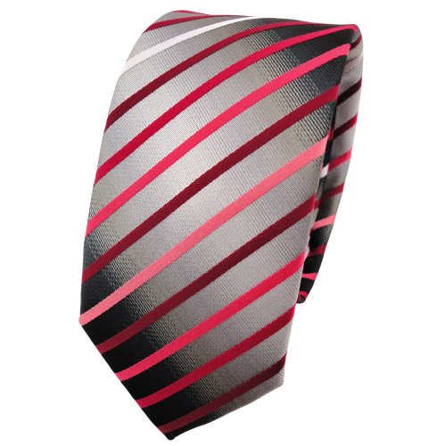 TigerTie Schmale Krawatte rot weinrot rose silbergrau schwarz gestreift - Schlips Binder Tie von TigerTie