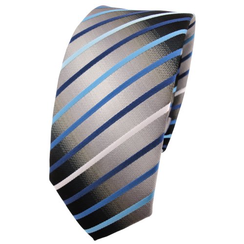 TigerTie Schmale Krawatte türkis blau silber grau weiß schwarz gestreift - Schlips Binder Tie von TigerTie