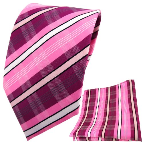 TigerTie Designer Krawatte Designer Einstecktuch in lila violett rosa pink weiß schwarz grau gestreift von TigerTie