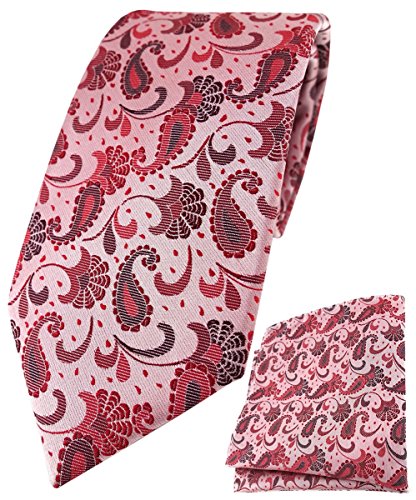 TigerTie Designer Krawatte Designer Einstecktuch in rot weinrot rosa anthrazit Paisley gemustert von TigerTie