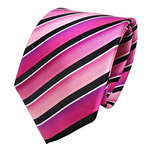 TigerTie Designer Seidenkrawatte in rosa magenta rosa pink schwarz silber gestreift von TigerTie