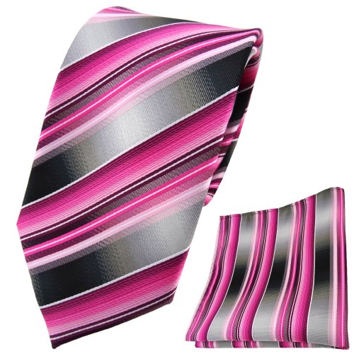 TigerTie Designer Krawatte Designer Einstecktuch in rosa pink magenta anthrazit silber grau gestreift von TigerTie