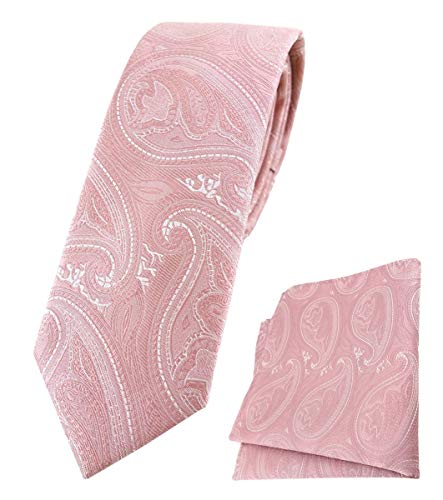 TigerTie schmale Designer Krawatte Designer Einstecktuch in rosa altrosa silber Paisley gemustert - Krawattenbreite 6 cm von TigerTie