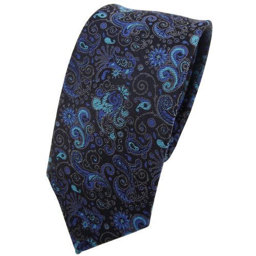 TigerTie - schmale Designer Krawatte in türkis ozeanblau schwarz grau gemustert Paisley von TigerTie