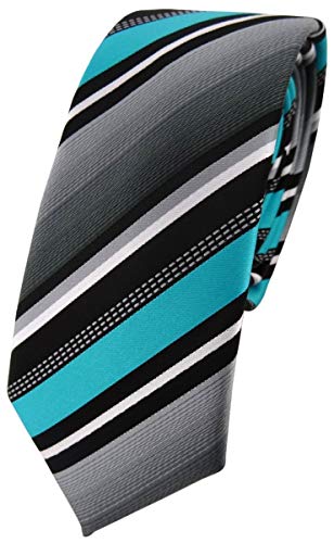 TigerTie - schmale Designer Krawatte in türkis silber grau weiss gestreift von TigerTie