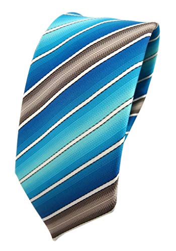 TigerTie - schmale Designer Krawatte in türkis wasserblau ozeanblau creme braun gestreift von TigerTie