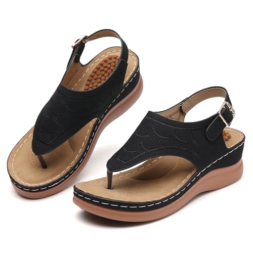 Tilocow Sandalen für Damen, hohe Fußgewölbeunterstützung, Flip-Flops, Keilsandalen, bequeme Strandschuhe, elegante Sommer-Sandalen, Schwarz, 38.5 EU von Tilocow