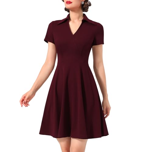 Timormode Rockabilly Kleider Damen 50er Jahre Vintage Kurzarm V-Ausschnitt Swing Coctailkleid Festlich Knielang Kleid Rockabilly Kleider Damen Burgunderrot S von Timormode