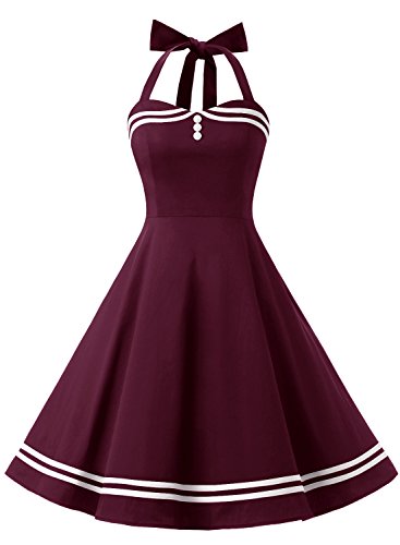 Timormode Damen Neckholder 1950er Vintage Retro Rockabilly Cocktailkleid Party Festlich Kleider 10387 Burgundy 3XL von Timormode