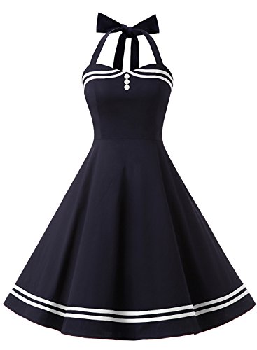 Timormode Damen Neckholder 1950er Vintage Retro Rockabilly Cocktailkleid Party Festlich Kleider 10387 Marineblau 3XL von Timormode