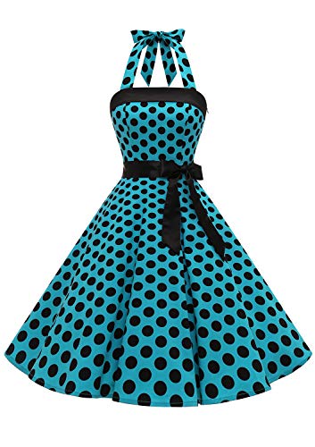 Timormode Damen Vintage Cocktailkleid Knielang Neckholder Swing Retro Rockabilly Kleid Groß Blau Schwarz L von Timormode