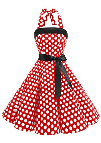 Timormode Damen Vintage Cocktailkleid Knielang Neckholder Swing Retro Rockabilly Kleid Große Rot Weiß XXL von Timormode