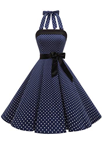 Timormode Damen Vintage Cocktailkleid Knielang Neckholder Swing Retro Rockabilly Kleid Klein Marineblau Weiß L von Timormode