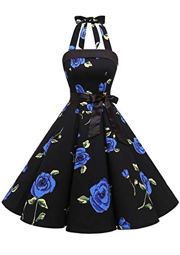 Timormode Damen Vintage Cocktailkleid Knielang Neckholder Swing Retro Rockabilly Kleid Schwarz Blau Blume M von Timormode