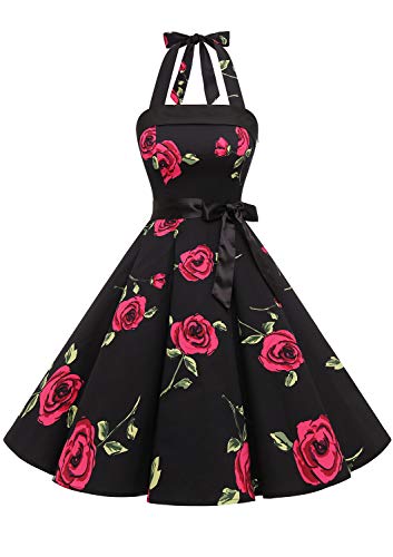 Timormode Damen Vintage Cocktailkleid Knielang Neckholder Swing Retro Rockabilly Kleid Schwarz Rot Blume S von Timormode