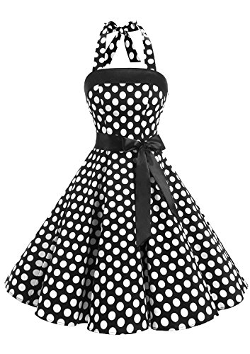 Timormode Damen Vintage Cocktailkleid Knielang Neckholder Swing Retro Rockabilly Kleid XXL Groß Schwarz Weiß von Timormode