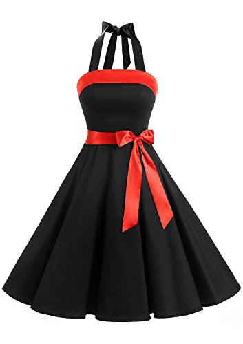 Timormode Damen Vintage Cocktailkleid Knielang Neckholder Swing Retro Rockabilly Kleid XXL Schwarz von Timormode