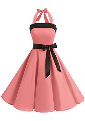 Timormode Damen Vintage Cocktailkleid Knielang Neckholder Swing Retro Rockabilly Kleid XXXL Koralle von Timormode