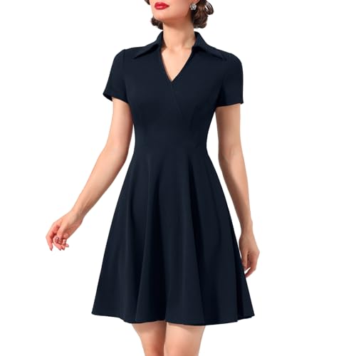 Timormode Rockabilly Kleider Damen 50er Jahre Vintage Kurzarm V-Ausschnitt Swing Coctailkleid Festlich Knielang Kleid Rockabilly Kleider Damen Marineblau S von Timormode