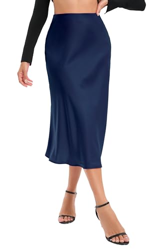 Timuspo Langer Rock Midi Damen A-Linie Sommer Skirt Bequem Satinrock Elegant Röcke Business Maxi Rock für Damen Sommerrock mit Reißverschluss Marineblau L Timuspo Langer Rock Midi Damen A-Linie Sommer Skirt Bequem Satinrock Elegant Röcke Business Maxi Rock für Damen Sommerrock mit Reißverschluss Marineblau L von Timuspo