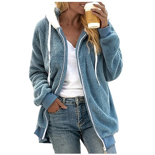 Fleecejacke Damen mit Kapuze Teddyfleece Jacke Damen Zipper Hoodie Damen Fleece Jacken Plüschjacke Weich Warm Damen Herbstjacke mit Kapuze und Taschen Reißverschluss Winterjacke (01 Blue, XXL) von TinaDeer