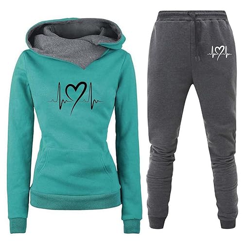 Mit Fleece gefüttertes Damen-Kapuzenpullover mit Herzschlag-Print und passender Jogginghose im Set Hosenanzug Damen Hochzeit Zweiteiler (03 Green, XL) von TinaDeer