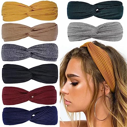 Schweißvorhang Schwarz 8er-Pack Stirnbänder für Frauen, geknotete, dehnbare Boho-Haarbänder für Mädchen, Criss-Turban, einfarbig, Kopfbedeckung, Yoga, Workout, Stirnband Ohrenschutz Herren von TinaDeer