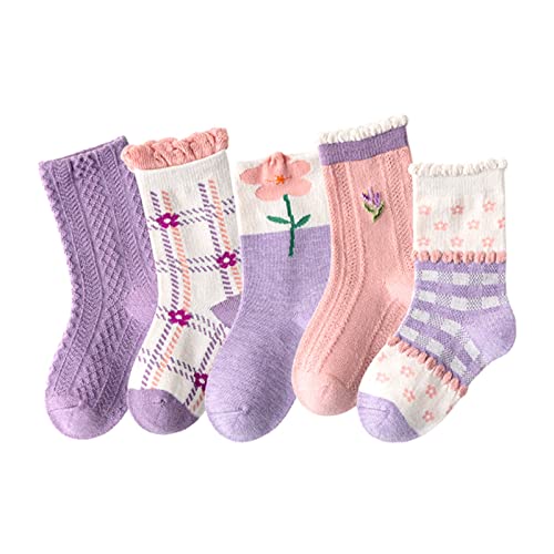 TinaDeer 5 Paare Herbst Winter Warme Socken für Mädchen Baby Kleinkind Kinder Mädchen Baumwolle Socken Blumen Druck Socken Bequem Kindersocken (Purple, XL) von TinaDeer