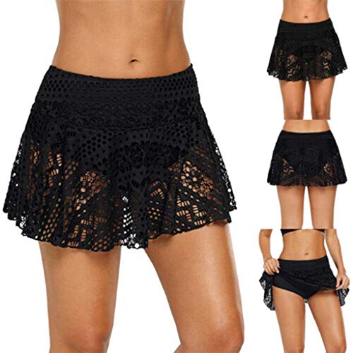 TinaDeer Damen Bikinirock mit Innenslip Frauen Große Größen Spitze Baderock Sommer Schwimmrock Aushöhlen0 High Waist Strandrock Bauchweg Transparent Kurze Bikini Rock Gr.S-XXL, Schwarz von TinaDeer