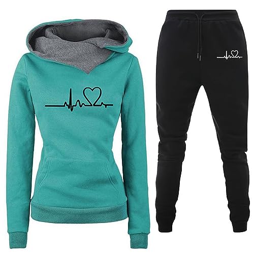 TinaDeer Damen Casual Sportswear Set Heartbeat Print Hoodie Sweatshirt Trainingsanzug Hosenanzug Damen Hochzeit Zweiteiler (01 Green1, XL) von TinaDeer