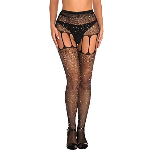 TinaDeer Damen Schwarze Straps-Stocking Sommer Frauen Ouvert Strasssteine Sexy Netzstrümpfe Netzstrumpfhose mit Hoher Taille Strumpfhose Schenkelhohe Strümpfe für Frauen von TinaDeer