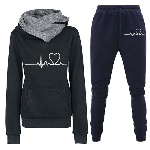 TinaDeer Damen-Set mit lässigem Blumendruck, langärmeligem Kapuzenpullover und Hose mit Taschen Leggins Damen (01 Schwarz1, L) von TinaDeer