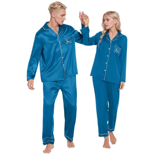 TinaDeer Geschenke für Paare, Partner Pyjama 2er Set für Paare, Pyjamahemd Schlafanzughose Herren Damen Set, Schlafanzug Herren Damen Lang Set, Pyjama für Paare, Paare Geschenke für Ihn und Sie von TinaDeer