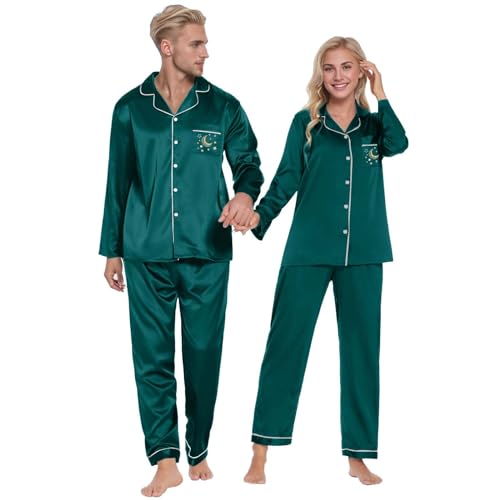 TinaDeer Geschenke für Paare, Partner Pyjama 2er Set für Paare, Pyjamahemd Schlafanzughose Herren Damen Set, Schlafanzug Herren Damen Lang Set, Pyjama für Paare, Paare Geschenke für Ihn und Sie von TinaDeer