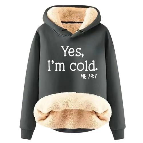 TinaDeer Hoodie Damen Fleece Gefütterter Thermo Pullover Yes I'm Cold Lustig Sweatshirt mit Kapuze Winter Warme Kapuzenpullover Weihnachtspullover Baumwolle Fleecepullover von TinaDeer