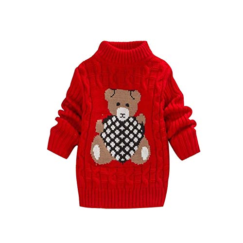 TinaDeer Kinder Rollkragenpullover Jungen Mädchen Strickpullover Winter Weihnachten Strick Pullover Pulli Baby Kleinkind Sweatshirt Langarm Strickpulli Bär Druck Sweater Tops (Rot, 18-24 Monate) von TinaDeer