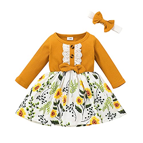 TinaDeer Kleider Baby Mädchen Herbst Winter Langarm Kleid Kleinkind Kinder Baby Mädchen Blume Druck Prinzessin Kleid für Hochzeit Geburtstag Party für 3 Monate - 3 Jahre (18-24 Monate, Gelb) von TinaDeer