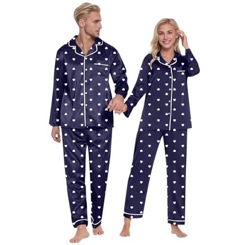 TinaDeer Pyjama Damen Herren Set Partner Pyjama 2er Set für Paare Schlafanzug mit Herz-Aufdruck Zweiteiliges Pyjamahemd Pyjamahose Set Valentinstag Paare Geschenke für Ihn und Sie von TinaDeer