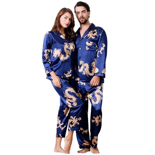 TinaDeer Pyjama für Damen Herren, Partner Pyjama 2er Set für Paare, Pyjamahemd Pyjamahose Herren Damen Set, Chinesischen Drachen Schlafanzug Set, Valentinstag Paare Geschenke für Ihn und Sie von TinaDeer