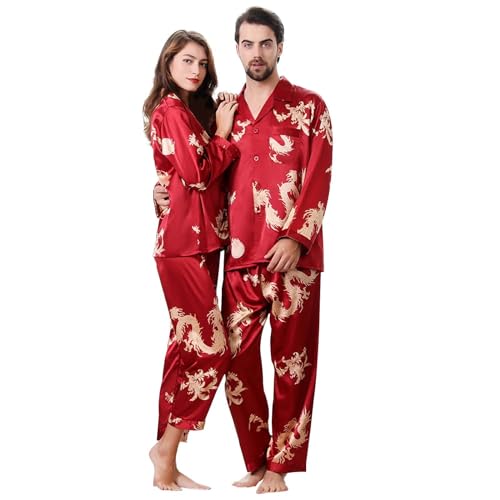 TinaDeer Pyjama für Damen Herren, Partner Pyjama 2er Set für Paare, Pyjamahemd Pyjamahose Herren Damen Set, Chinesischen Drachen Schlafanzug Set, Valentinstag Paare Geschenke für Ihn und Sie15 von TinaDeer