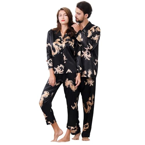 TinaDeer Pyjama für Damen Herren, Partner Pyjama 2er Set für Paare, Pyjamahemd Pyjamahose Herren Damen Set, Chinesischen Drachen Schlafanzug Set, Valentinstag Paare Geschenke für Ihn und Sie3 von TinaDeer