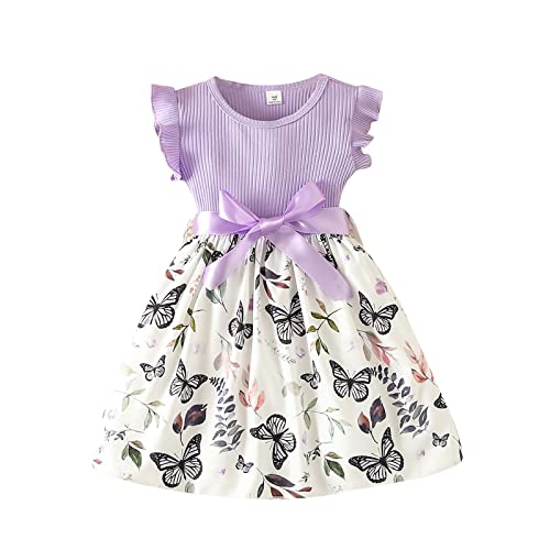 TinaDeer Schwarzer Mädchen 140 Fliegende Hülsen-Schmetterlings-Druck-Kleid-Sommer-Strand-Kleider (Purple, 2-3 Years) von TinaDeer