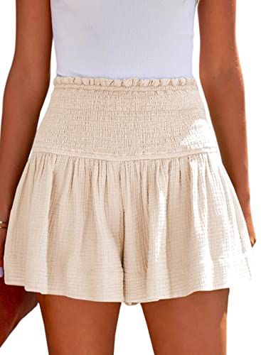 Tincini Shorts Damen Sommer Baumwolle Elastisch High Waist Kurze Hosen Causal Rüschen Strandshorts Einfarbig Freizeit Shorts Sweatpants (Aprikose, M) von Tincini