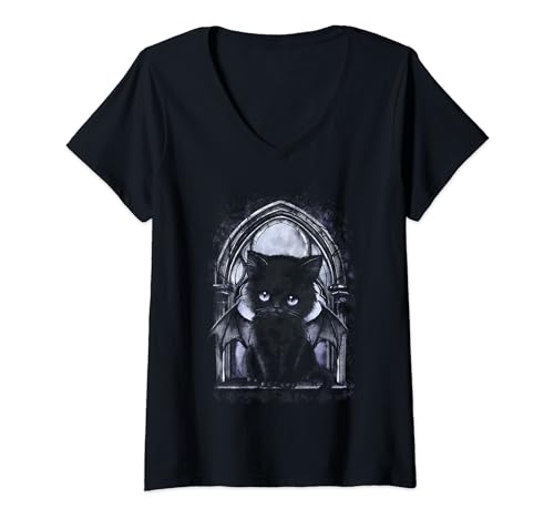 Damen Dämonenkatze schwarze Gothic Katze mit Fledermaus Flügeln T-Shirt mit V-Ausschnitt Damen Dämonenkatze schwarze Gothic Katze mit Fledermaus Flügeln T-Shirt mit V-Ausschnitt von Tiny Tami Merch