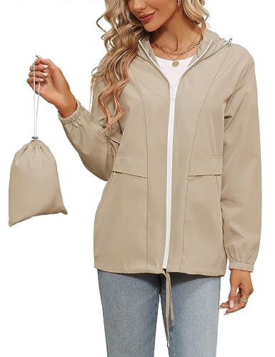 Tisfeer Damen Regenjacke Wasserdicht Winddicht Fahrradjacke Atmungsaktive Packbar Dünne Regenmantel(Khaki,XXL) von Tisfeer