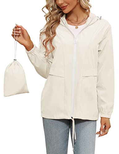 Tisfeer Laufjacke Damen Sommer Wasserdicht Atmungsaktive Regenmantel Windbreaker Packbar Faltbare Regenjacke(Beige,L) von Tisfeer