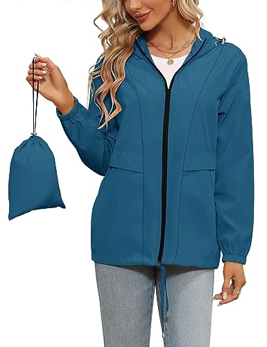 Tisfeer Regenjacke Damen Atmungsaktiv Wasserdicht Übergangsjacke Wandern Reisen Fahrrad Regenmantel(Pfauenblau,XXL) von Tisfeer