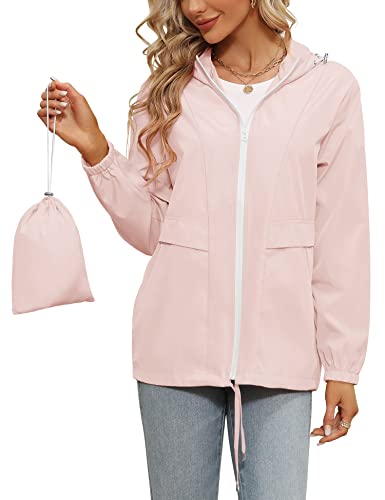 Tisfeer Regenjacke Damen Dünn Leicht Wasserdicht Windjacke Laufjacke Wandern Reisen Fahrrad Regenmantel(Rosa,M) von Tisfeer