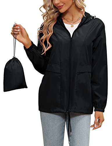 Tisfeer Sportjacke Damen Wasserdicht Winddicht Faltbare Regenjacke Packbar Dünne Regenmantel Windbreaker(Schwarz,L) von Tisfeer